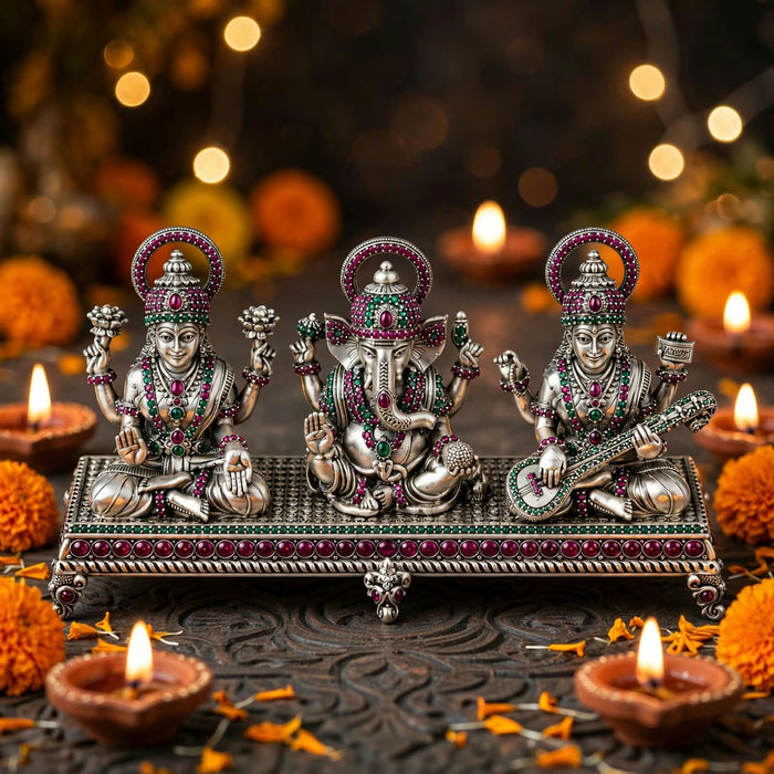 Silver Lakshmi Ganesh Saraswati Idol-341gm